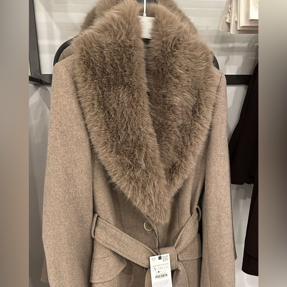Zara Beige Fur-Trimmed Coat - Picture 14 of 16
